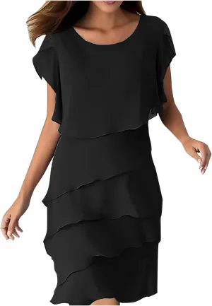 Summer Layered Ruffle Shift Tunic Dresses for Women Stylish Petal Sleeve Flowy Beach Mini Dress for Casual Party
