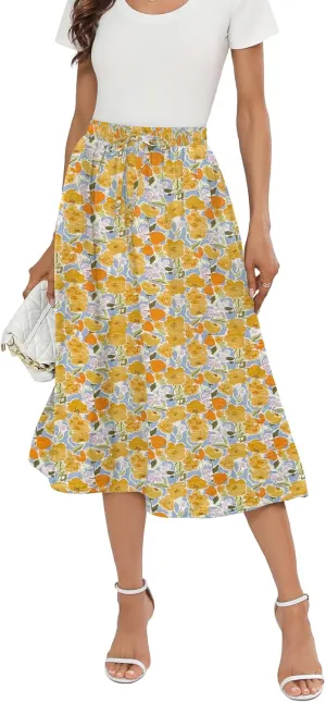 Summer Skirts with Pockets 2025 Boho Midi Length Skirt High Waisted Beach Cover Up for Women Trendy(S-2XL)
