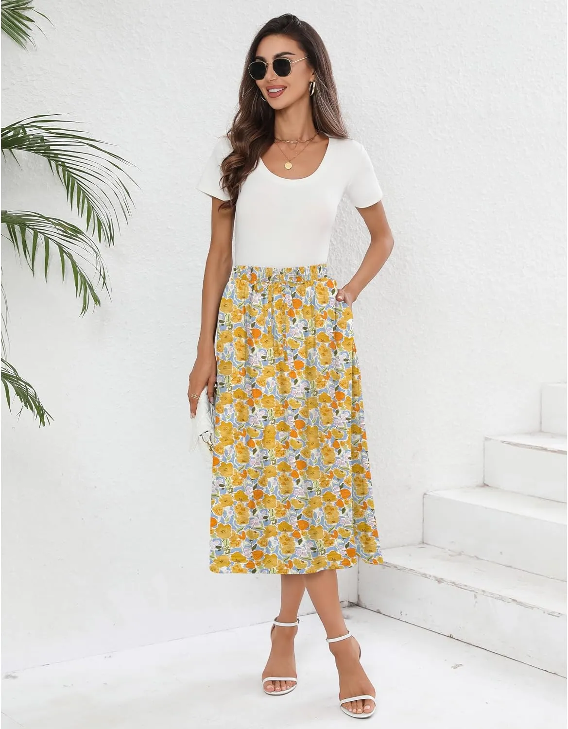 Summer Skirts with Pockets 2025 Boho Midi Length Skirt High Waisted Beach Cover Up for Women Trendy(S-2XL)