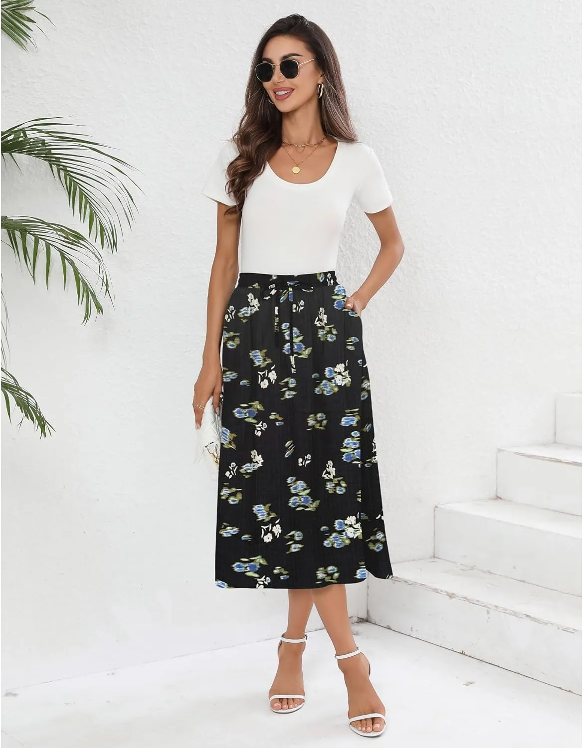 Summer Skirts with Pockets 2025 Boho Midi Length Skirt High Waisted Beach Cover Up for Women Trendy(S-2XL)