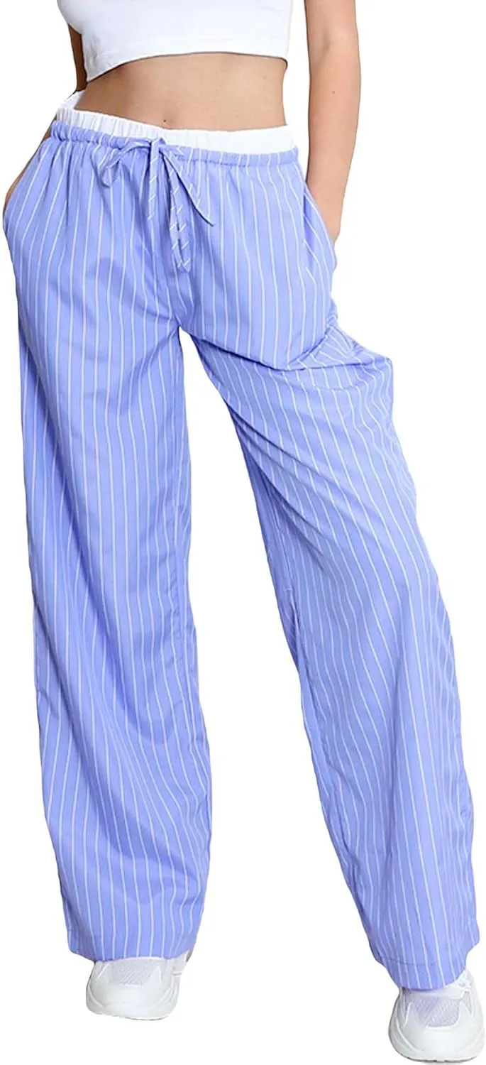 Sunloudy Women Y2k Striped Long Pants Drawstring Elastic Waist Straight Wide Leg Lounge Trouser Comfy Streetwear