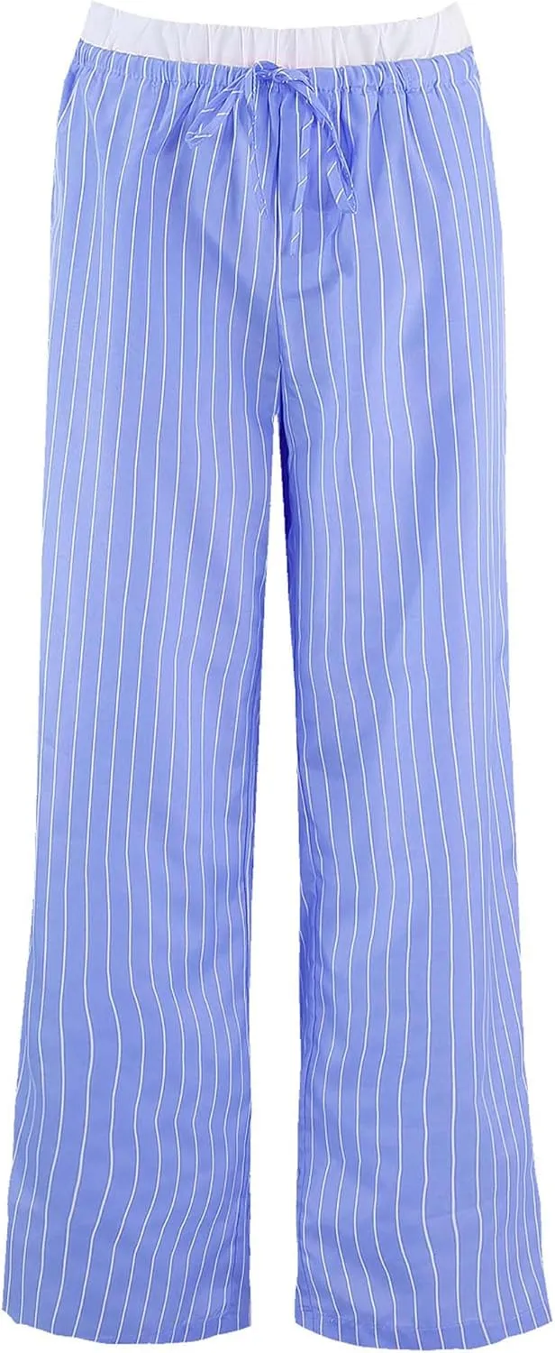 Sunloudy Women Y2k Striped Long Pants Drawstring Elastic Waist Straight Wide Leg Lounge Trouser Comfy Streetwear