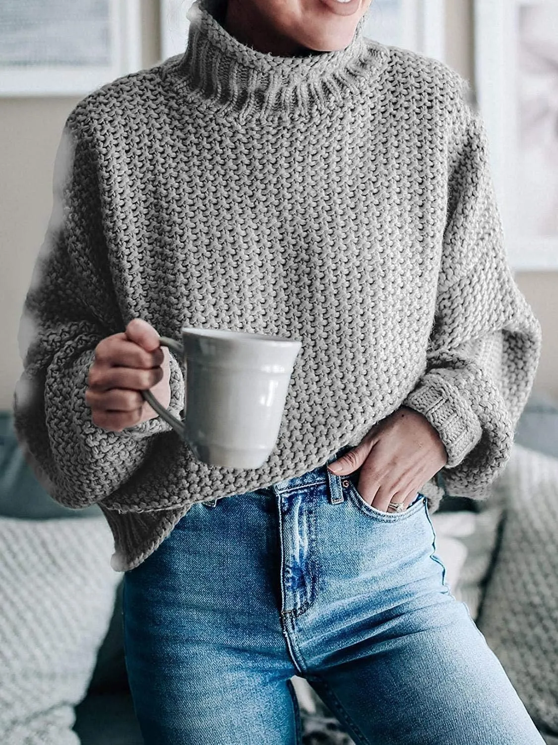 SVALIY Womens Oversized Turtlenecks Sweaters Batwing Long Sleeve Chunky Pullover Knit Jumper