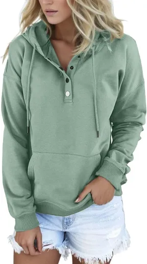 Sweatshirt for Women Fall Womens 2024 Hoodies Button Collar Drawstring Hooded Pullover Sweatshirt Casual Long Sleeve Tops