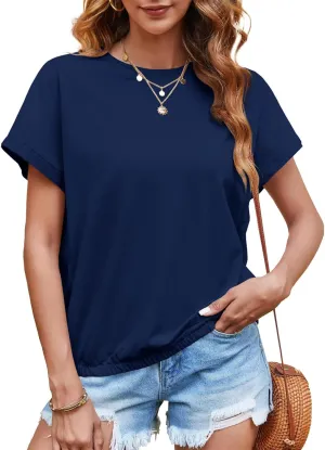 Tankaneo Women Short Cap Sleeve Tops Summer Casual Banded Sweatshirt Crew Neck Loose Fit T-Shirts