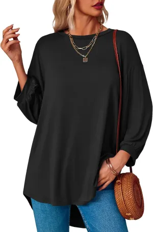 Tankaneo Womens Oversized T Shirts Summer Casual Loose Fit 3/4 Batwing Sleeve Tunic Tops with Leggings
