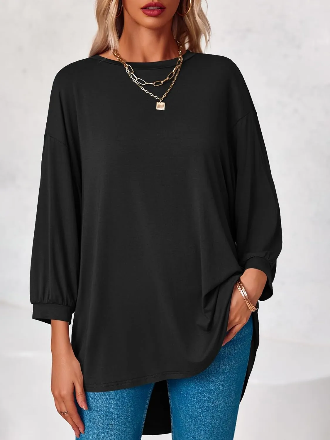 Tankaneo Womens Oversized T Shirts Summer Casual Loose Fit 3/4 Batwing Sleeve Tunic Tops with Leggings
