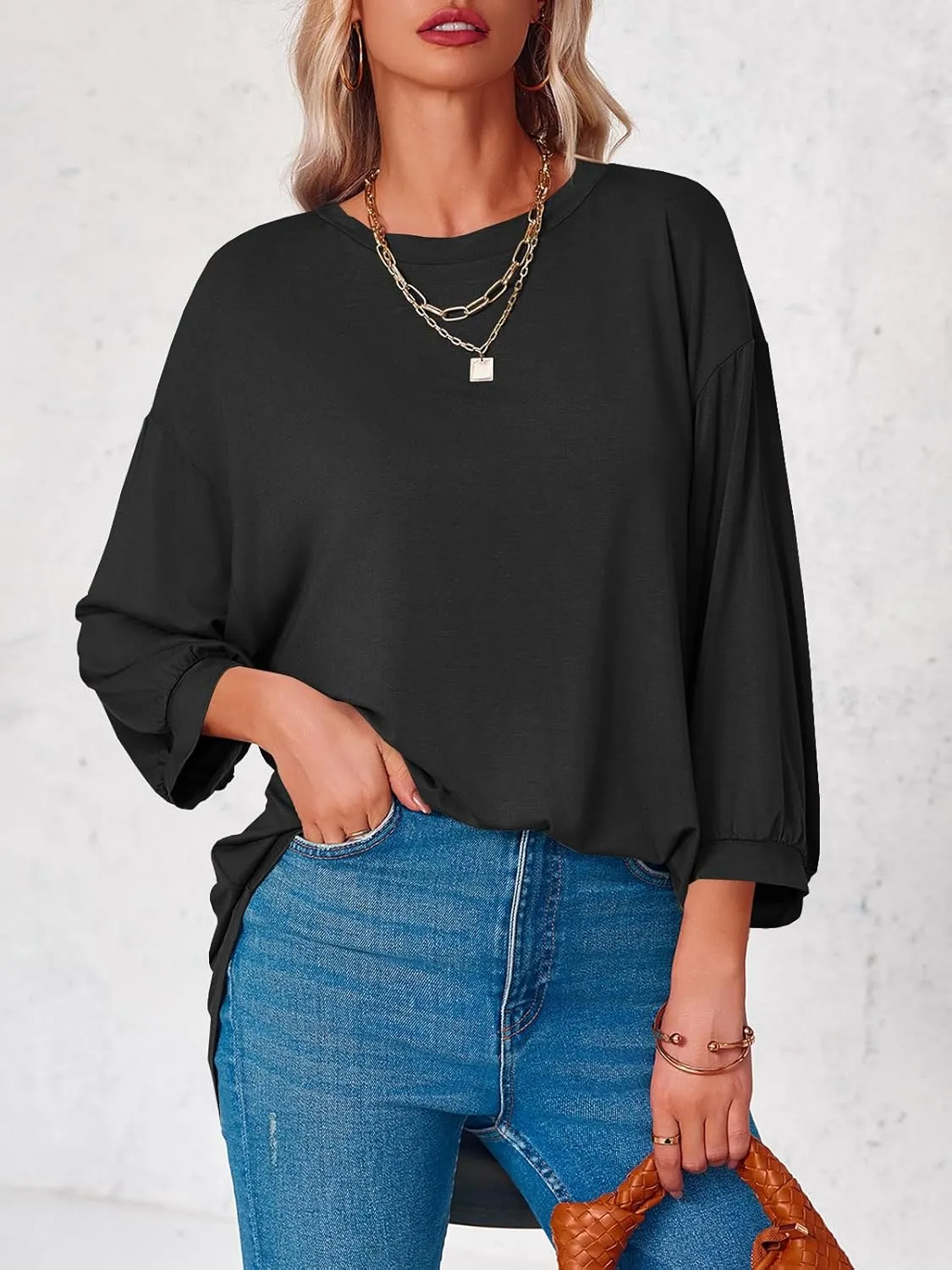 Tankaneo Womens Oversized T Shirts Summer Casual Loose Fit 3/4 Batwing Sleeve Tunic Tops with Leggings
