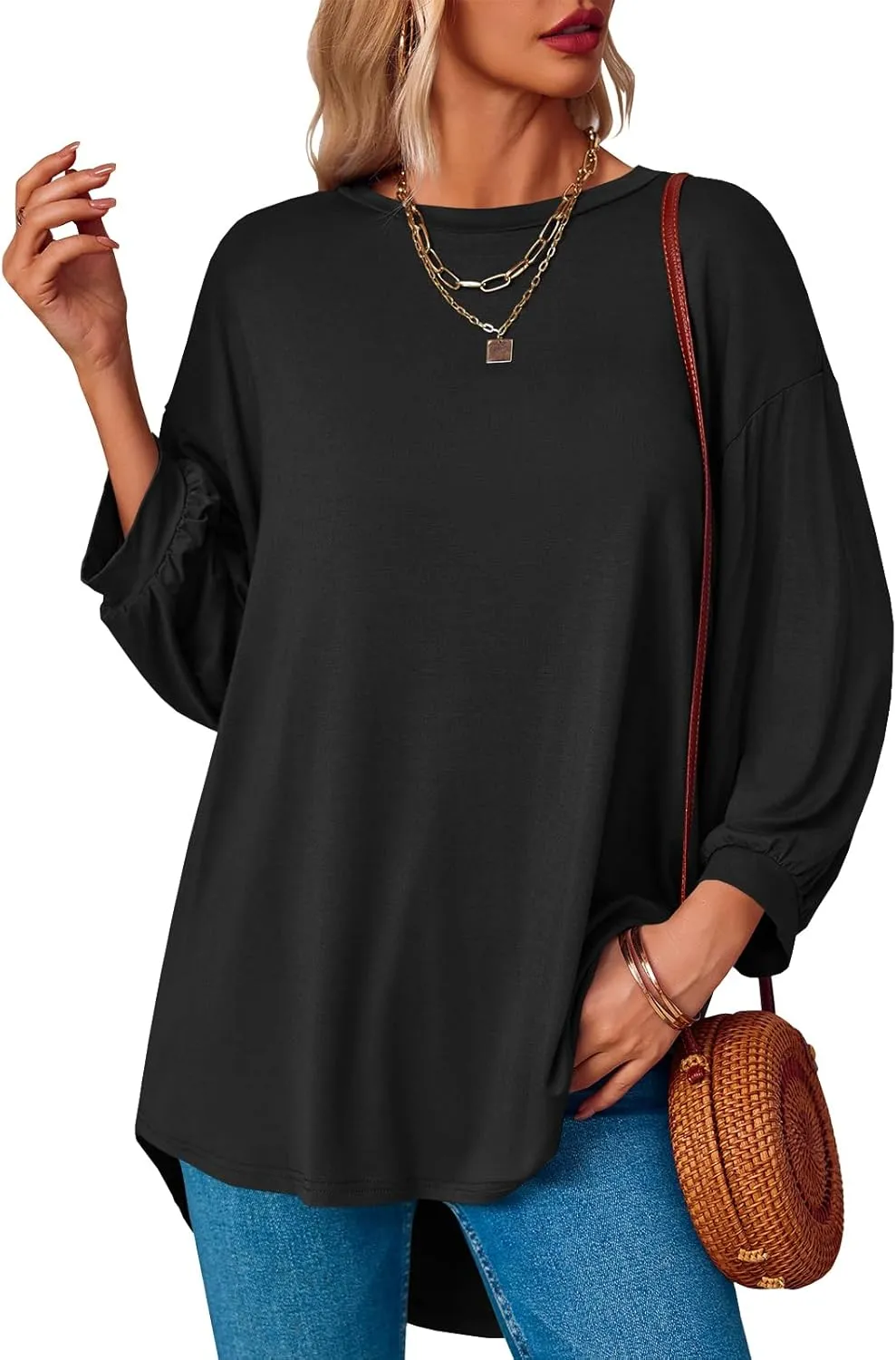 Tankaneo Womens Oversized T Shirts Summer Casual Loose Fit 3/4 Batwing Sleeve Tunic Tops with Leggings