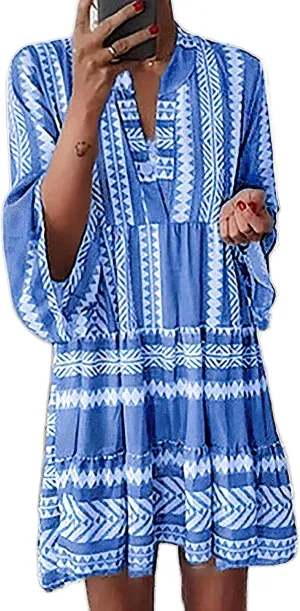 TIAFORD Women's V Neck Bell Sleeve Boho Dresses Casual Summer Floral Print Shift Tunic Dresses for Women