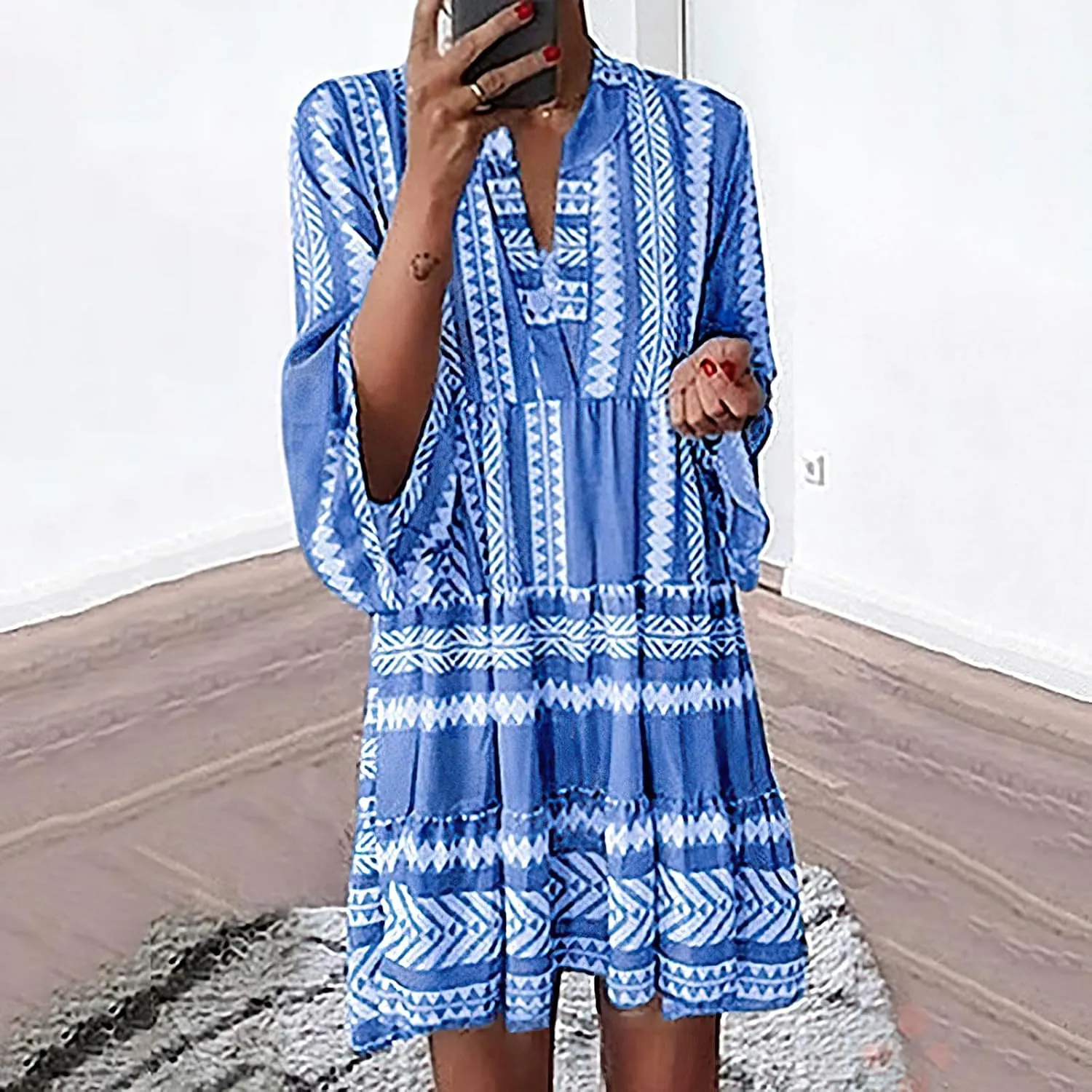 TIAFORD Women's V Neck Bell Sleeve Boho Dresses Casual Summer Floral Print Shift Tunic Dresses for Women