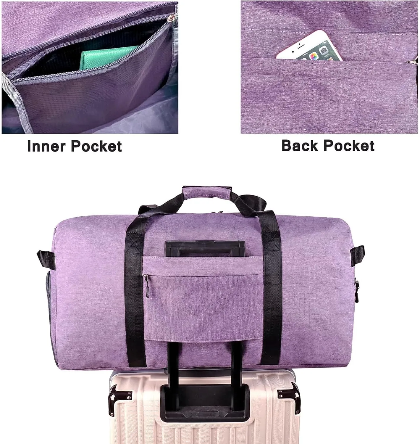 Travel Duffle Bag for Men, Large Foldable Duffel Bags for Traveling with Shoes & Wet Compartment Waterproof Weekender Gym Bag for Men Women, Purple, 65L, Weekender Bag With Shoes Compartment & Wet
