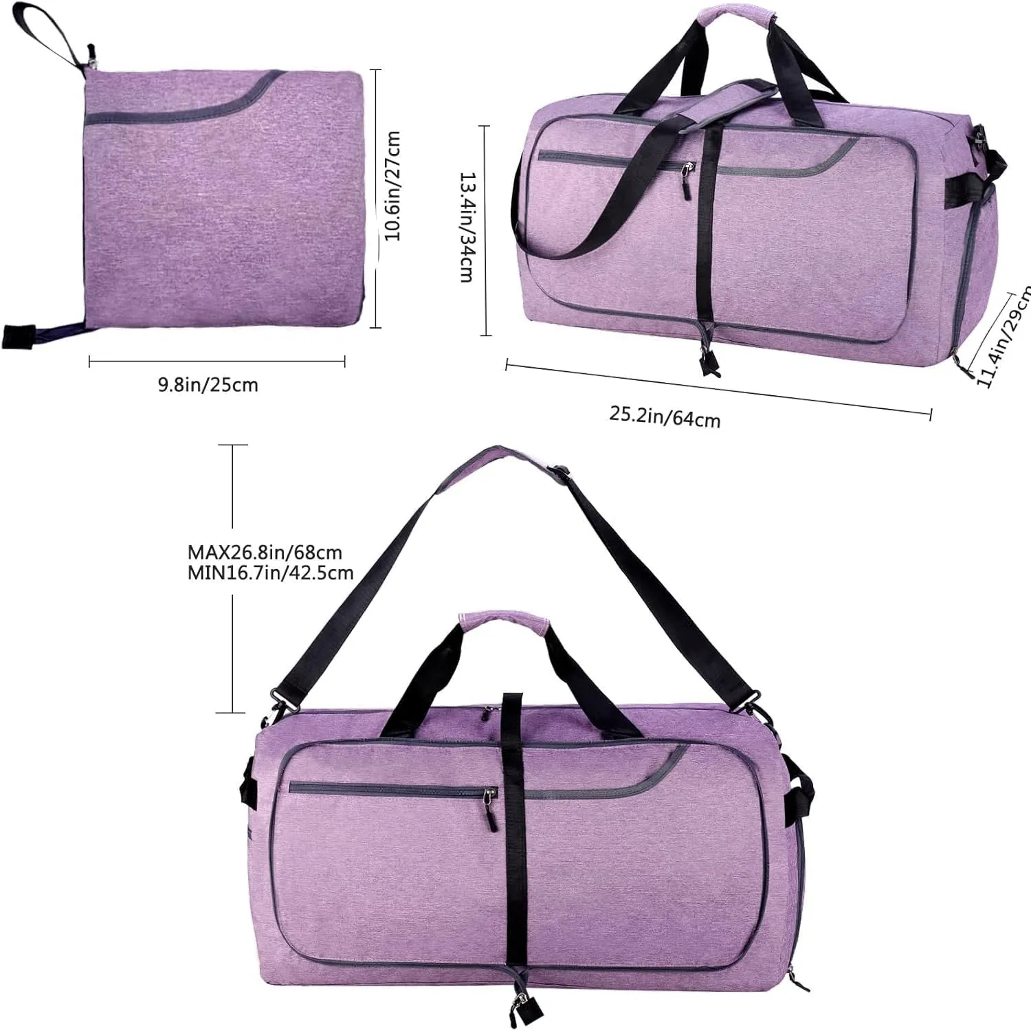 Travel Duffle Bag for Men, Large Foldable Duffel Bags for Traveling with Shoes & Wet Compartment Waterproof Weekender Gym Bag for Men Women, Purple, 65L, Weekender Bag With Shoes Compartment & Wet