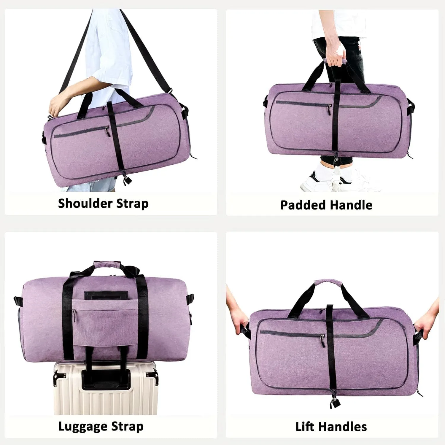 Travel Duffle Bag for Men, Large Foldable Duffel Bags for Traveling with Shoes & Wet Compartment Waterproof Weekender Gym Bag for Men Women, Purple, 65L, Weekender Bag With Shoes Compartment & Wet