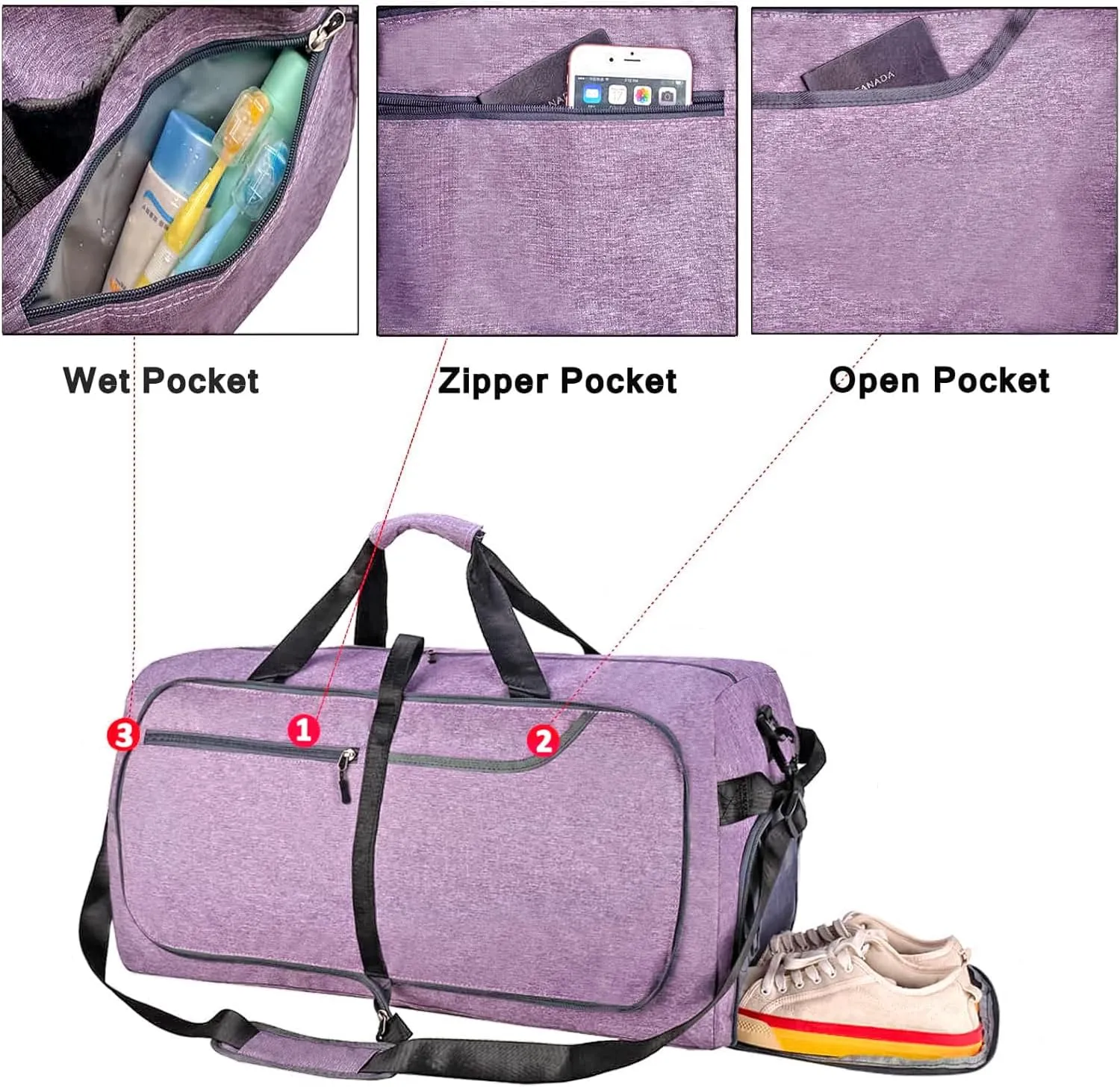 Travel Duffle Bag for Men, Large Foldable Duffel Bags for Traveling with Shoes & Wet Compartment Waterproof Weekender Gym Bag for Men Women, Purple, 65L, Weekender Bag With Shoes Compartment & Wet
