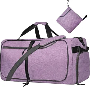 Travel Duffle Bag for Men, Large Foldable Duffel Bags for Traveling with Shoes & Wet Compartment Waterproof Weekender Gym Bag for Men Women, Purple, 65L, Weekender Bag With Shoes Compartment & Wet