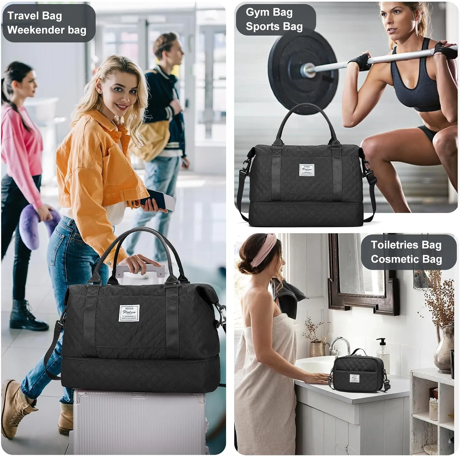 Travel Weekender Bag for Women, Carry On Overnight Bag with Shoes Compartment & Trolley Sleeve,Personal Item Bag, A-black With Shoes Compartment, Set(travel Bag toiletry Bag)