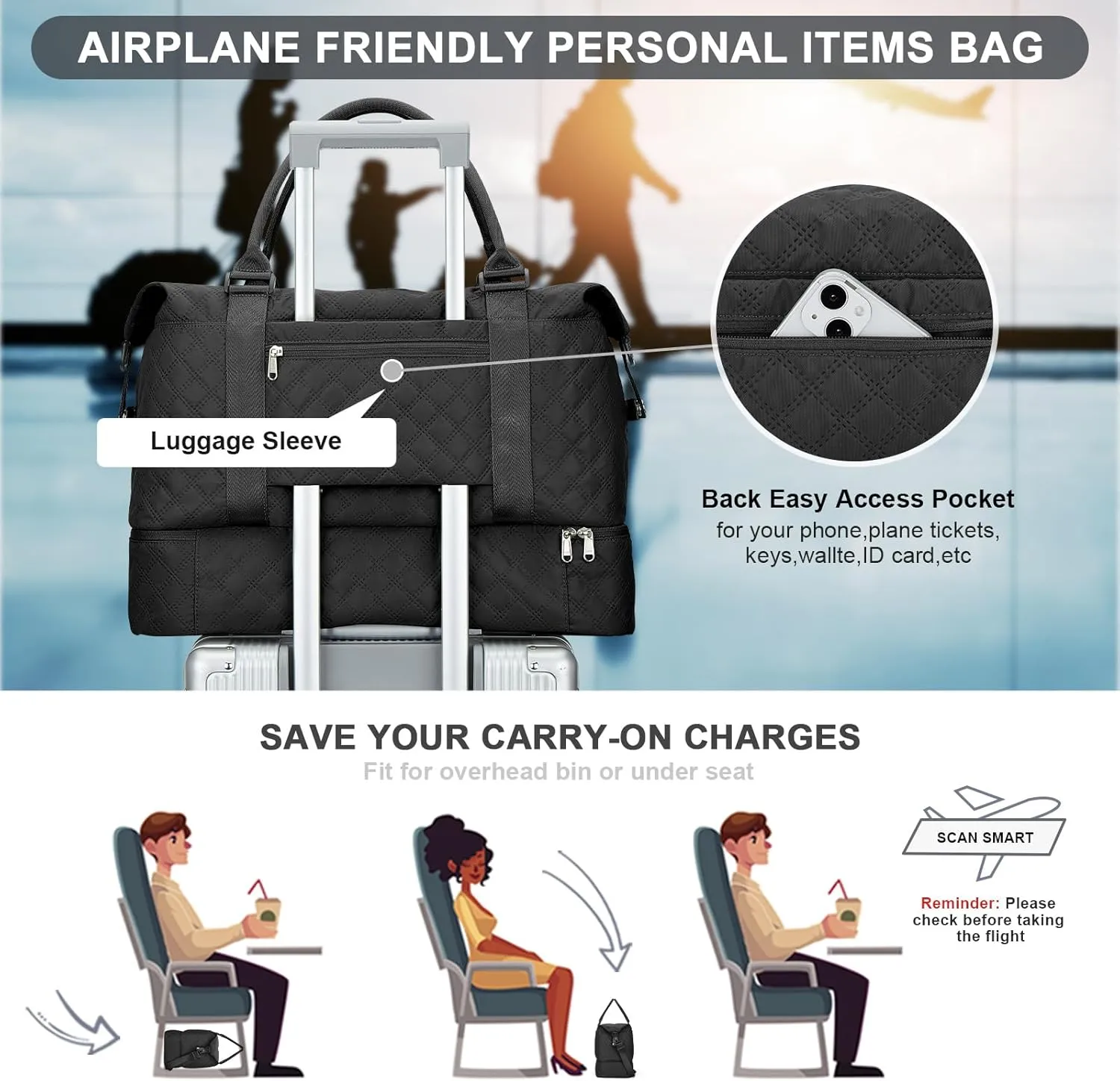 Travel Weekender Bag for Women, Carry On Overnight Bag with Shoes Compartment & Trolley Sleeve,Personal Item Bag, A-black With Shoes Compartment, Set(travel Bag toiletry Bag)