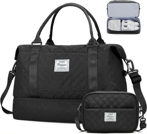 Travel Weekender Bag for Women, Carry On Overnight Bag with Shoes Compartment & Trolley Sleeve,Personal Item Bag, A-black With Shoes Compartment, Set(travel Bag toiletry Bag)