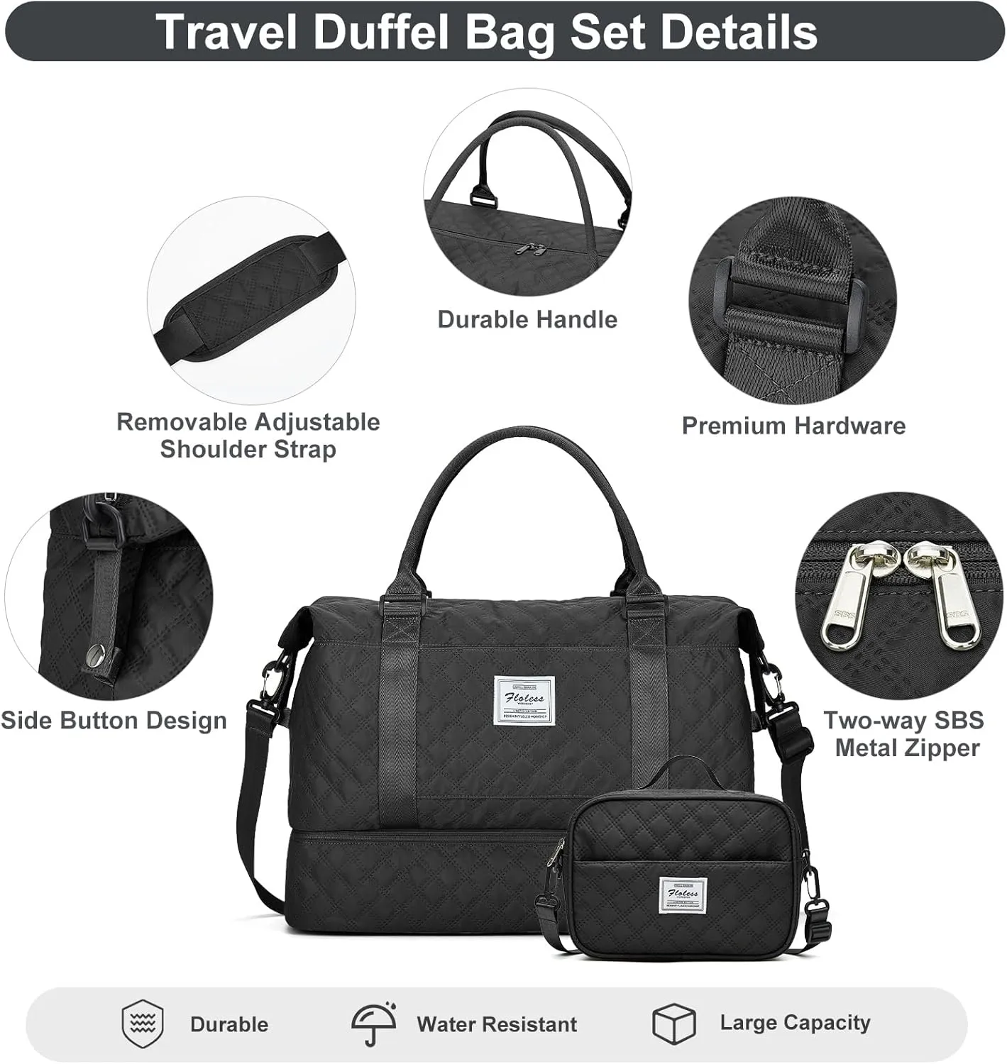Travel Weekender Bag for Women, Carry On Overnight Bag with Shoes Compartment & Trolley Sleeve,Personal Item Bag, A-black With Shoes Compartment, Set(travel Bag toiletry Bag)