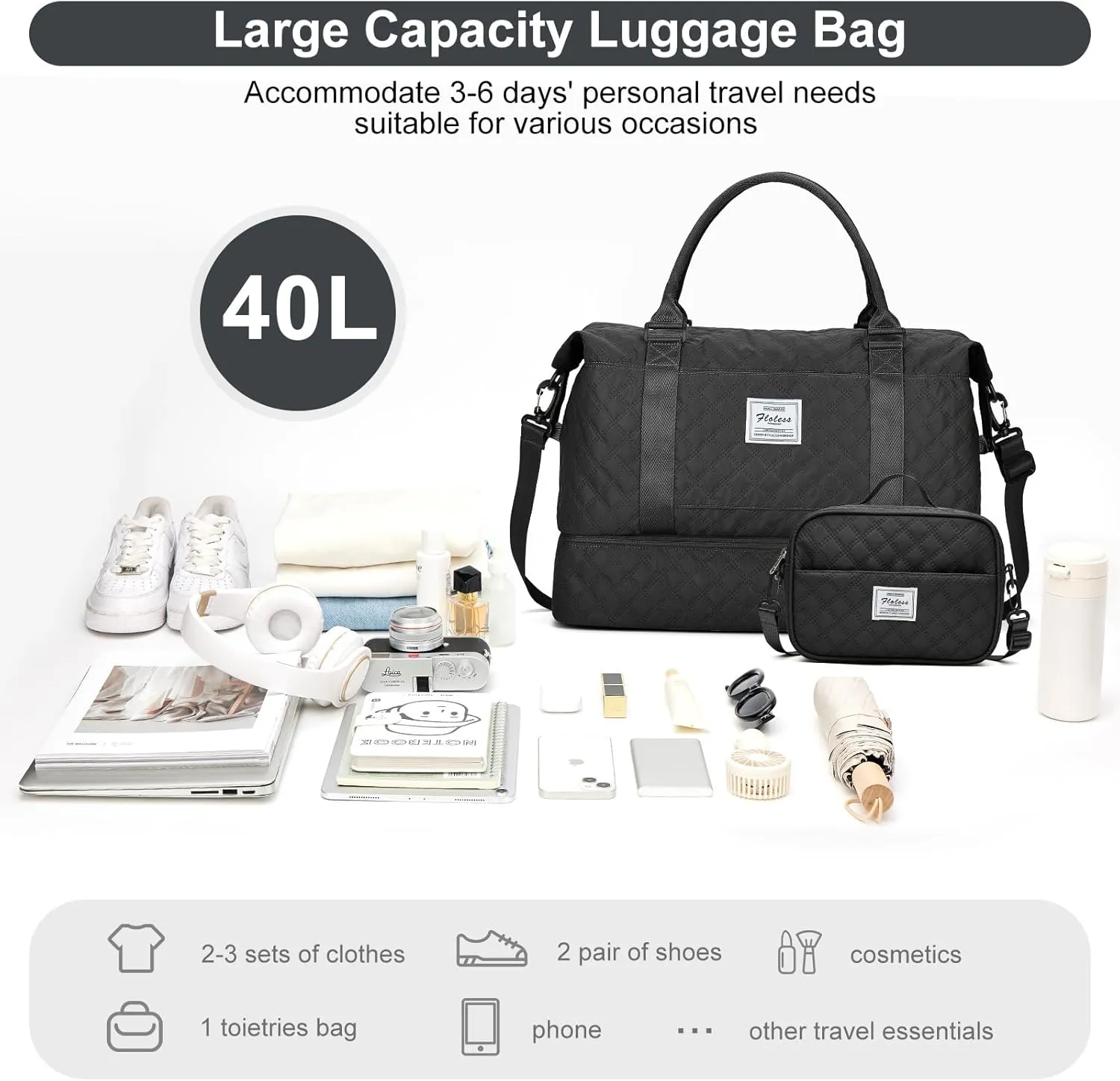 Travel Weekender Bag for Women, Carry On Overnight Bag with Shoes Compartment & Trolley Sleeve,Personal Item Bag, A-black With Shoes Compartment, Set(travel Bag toiletry Bag)