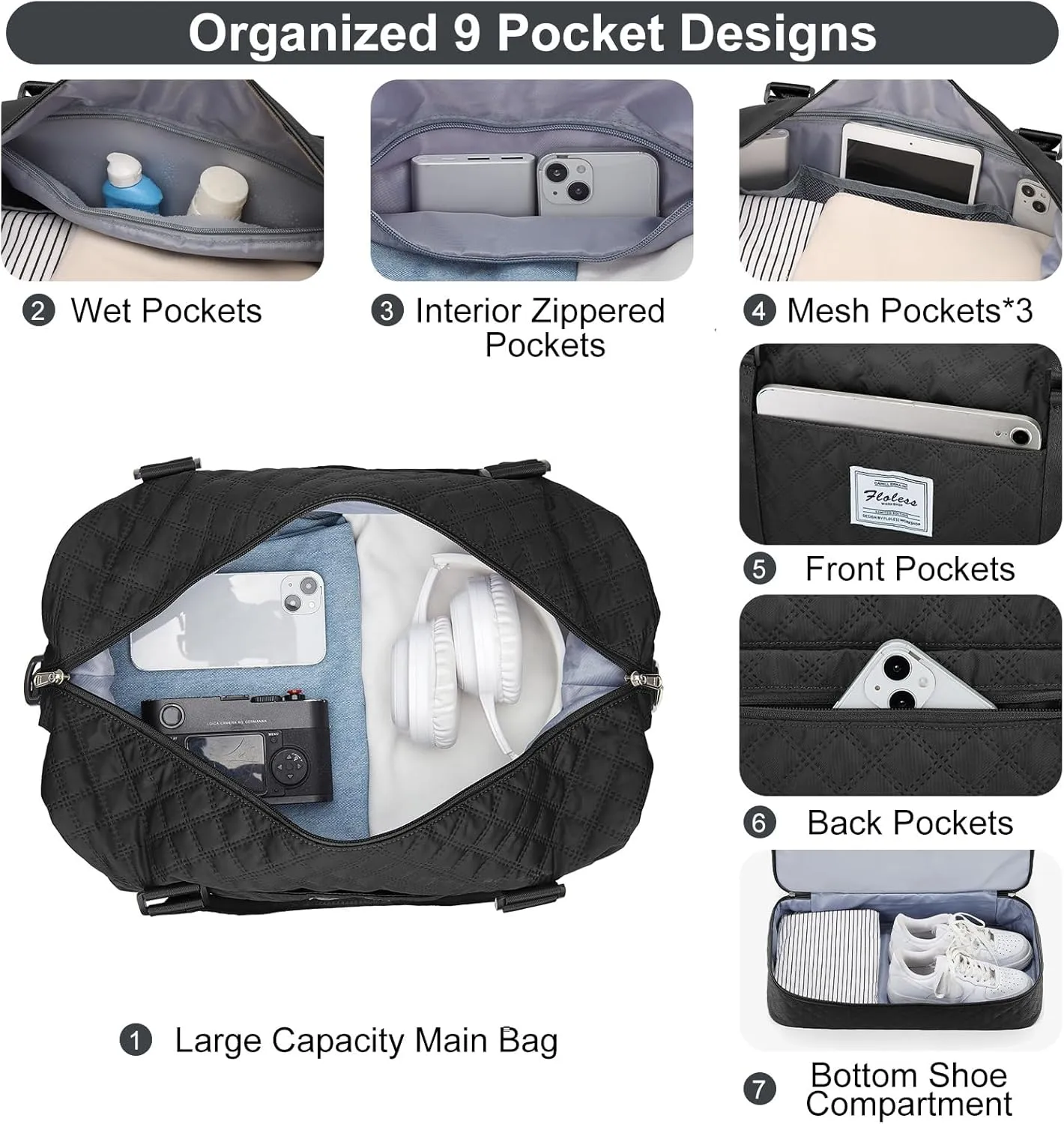 Travel Weekender Bag for Women, Carry On Overnight Bag with Shoes Compartment & Trolley Sleeve,Personal Item Bag, A-black With Shoes Compartment, Set(travel Bag toiletry Bag)