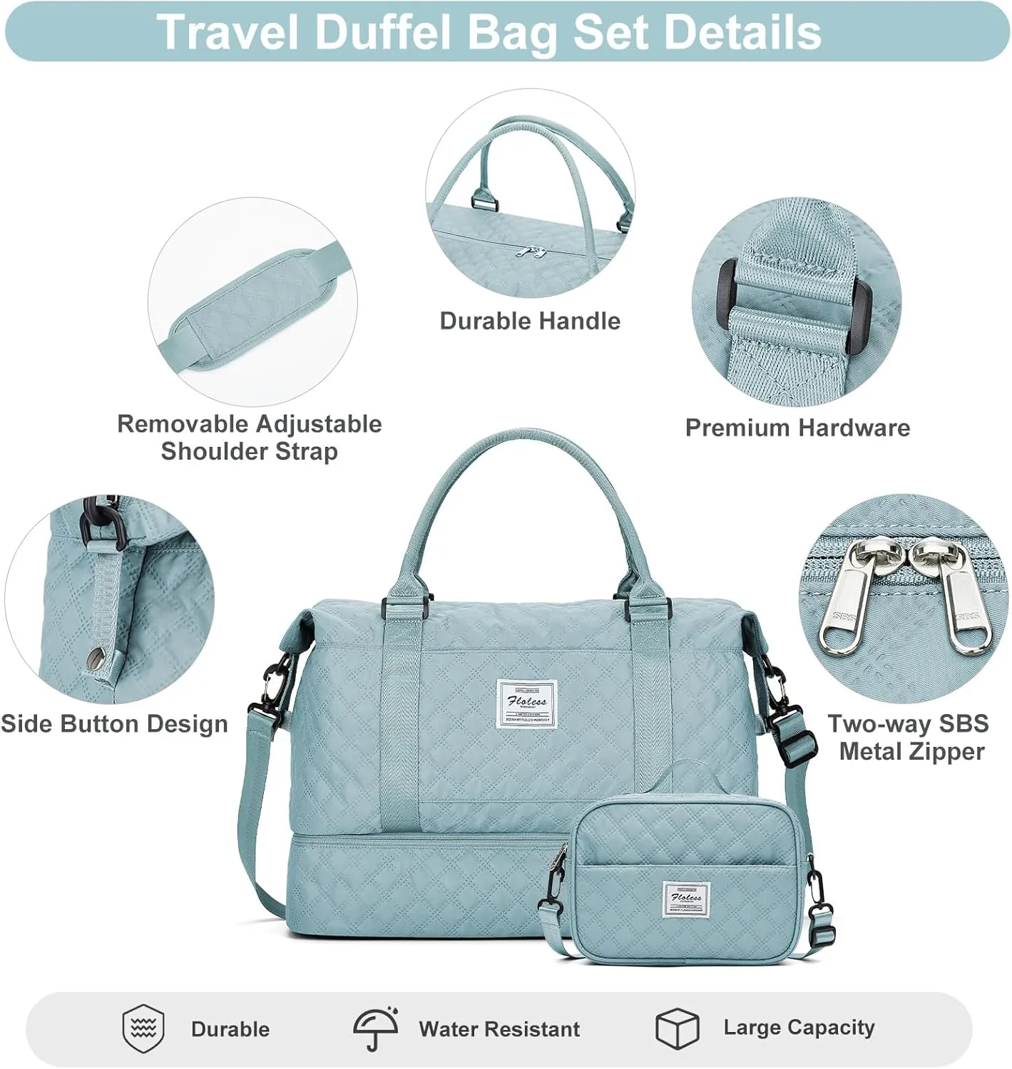 Travel Weekender Bag for Women, Carry On Overnight Bag with Shoes Compartment & Trolley Sleeve,Personal Item Bag, A-light Blue With Shoes Compartment, Set(travel Bag toiletry Bag)