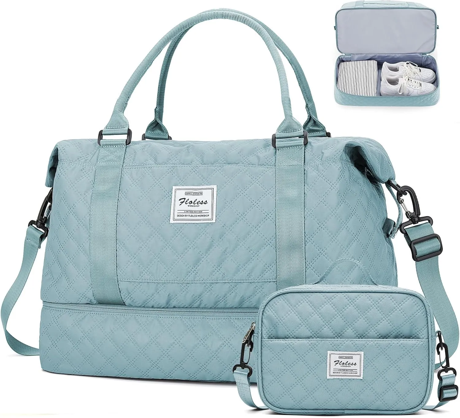 Travel Weekender Bag for Women, Carry On Overnight Bag with Shoes Compartment & Trolley Sleeve,Personal Item Bag, A-light Blue With Shoes Compartment, Set(travel Bag toiletry Bag)