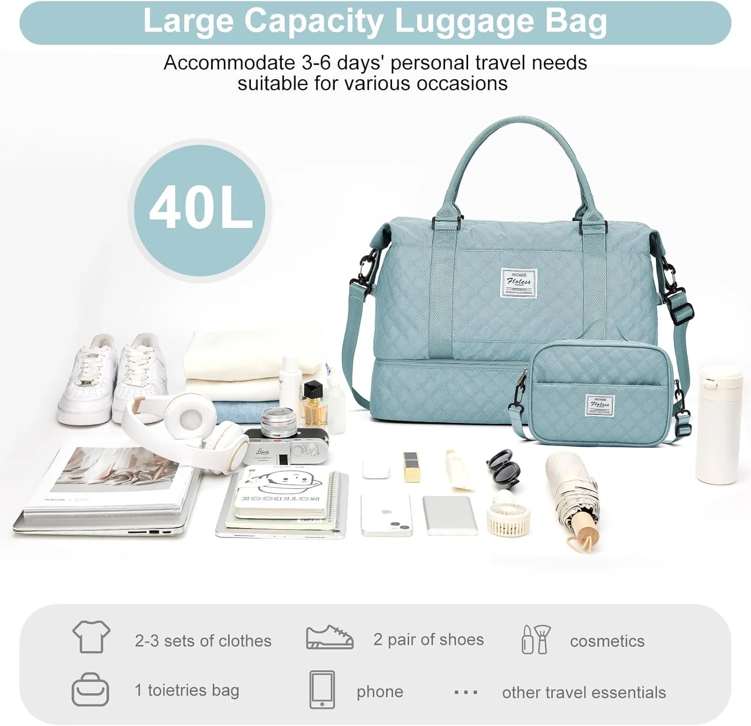 Travel Weekender Bag for Women, Carry On Overnight Bag with Shoes Compartment & Trolley Sleeve,Personal Item Bag, A-light Blue With Shoes Compartment, Set(travel Bag toiletry Bag)