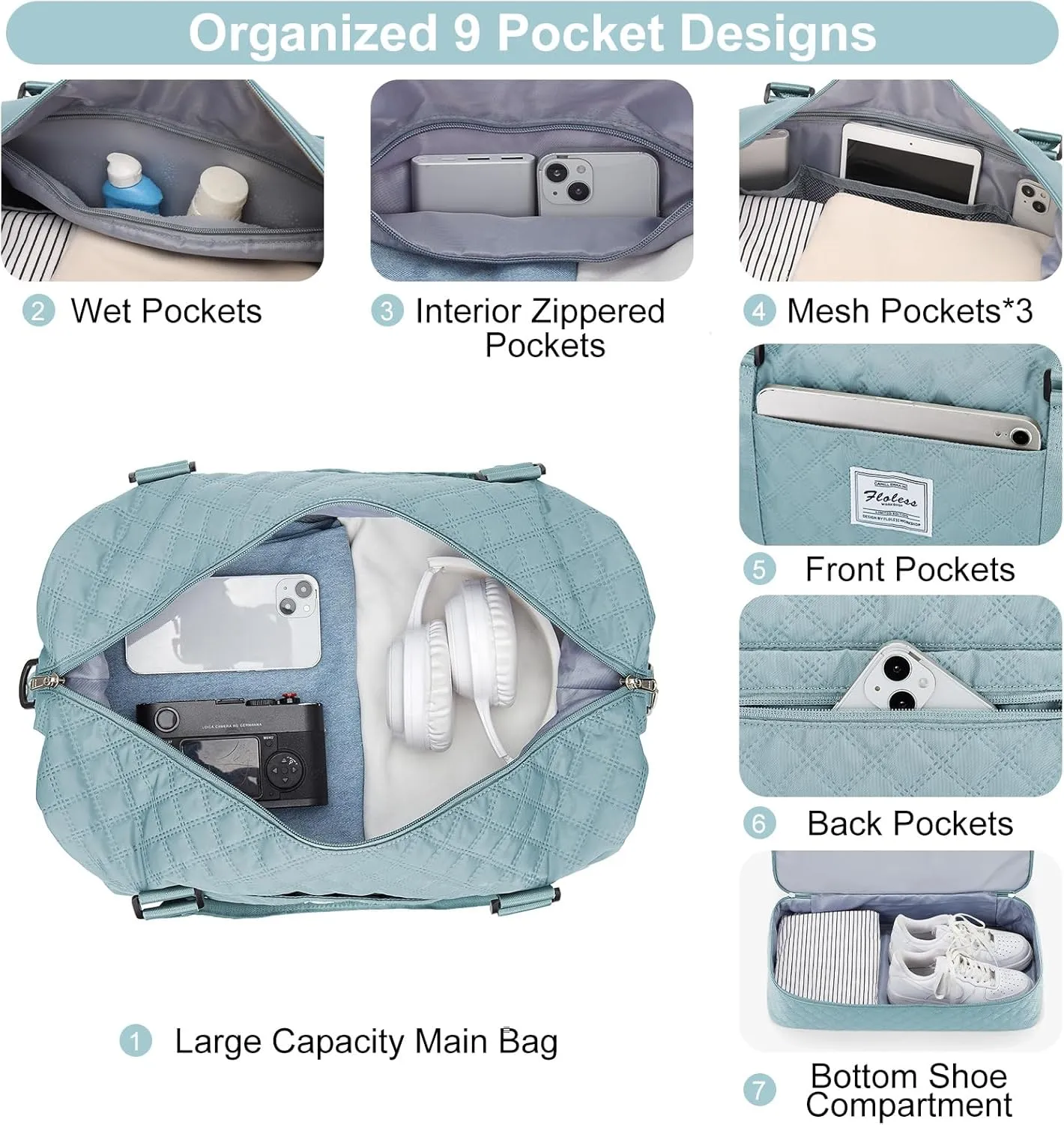 Travel Weekender Bag for Women, Carry On Overnight Bag with Shoes Compartment & Trolley Sleeve,Personal Item Bag, A-light Blue With Shoes Compartment, Set(travel Bag toiletry Bag)