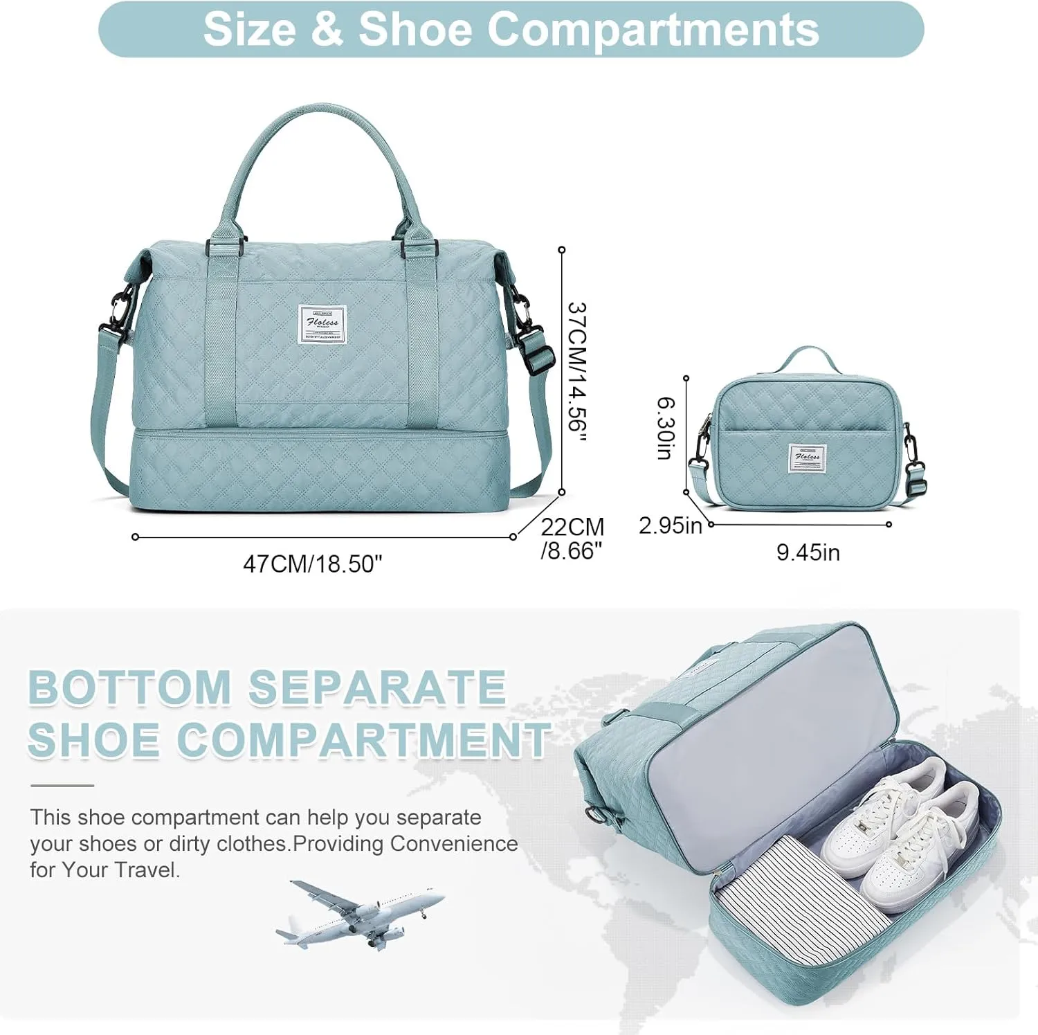 Travel Weekender Bag for Women, Carry On Overnight Bag with Shoes Compartment & Trolley Sleeve,Personal Item Bag, A-light Blue With Shoes Compartment, Set(travel Bag toiletry Bag)