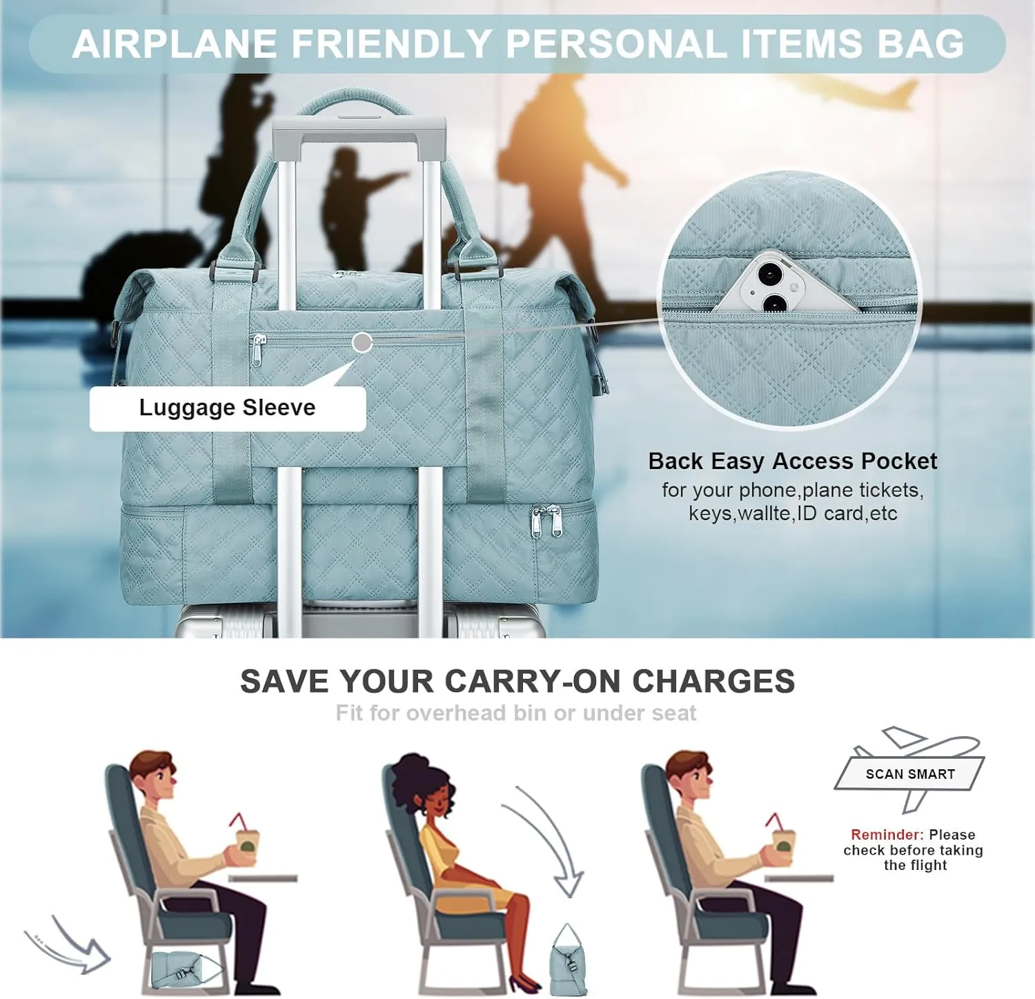 Travel Weekender Bag for Women, Carry On Overnight Bag with Shoes Compartment & Trolley Sleeve,Personal Item Bag, A-light Blue With Shoes Compartment, Set(travel Bag toiletry Bag)