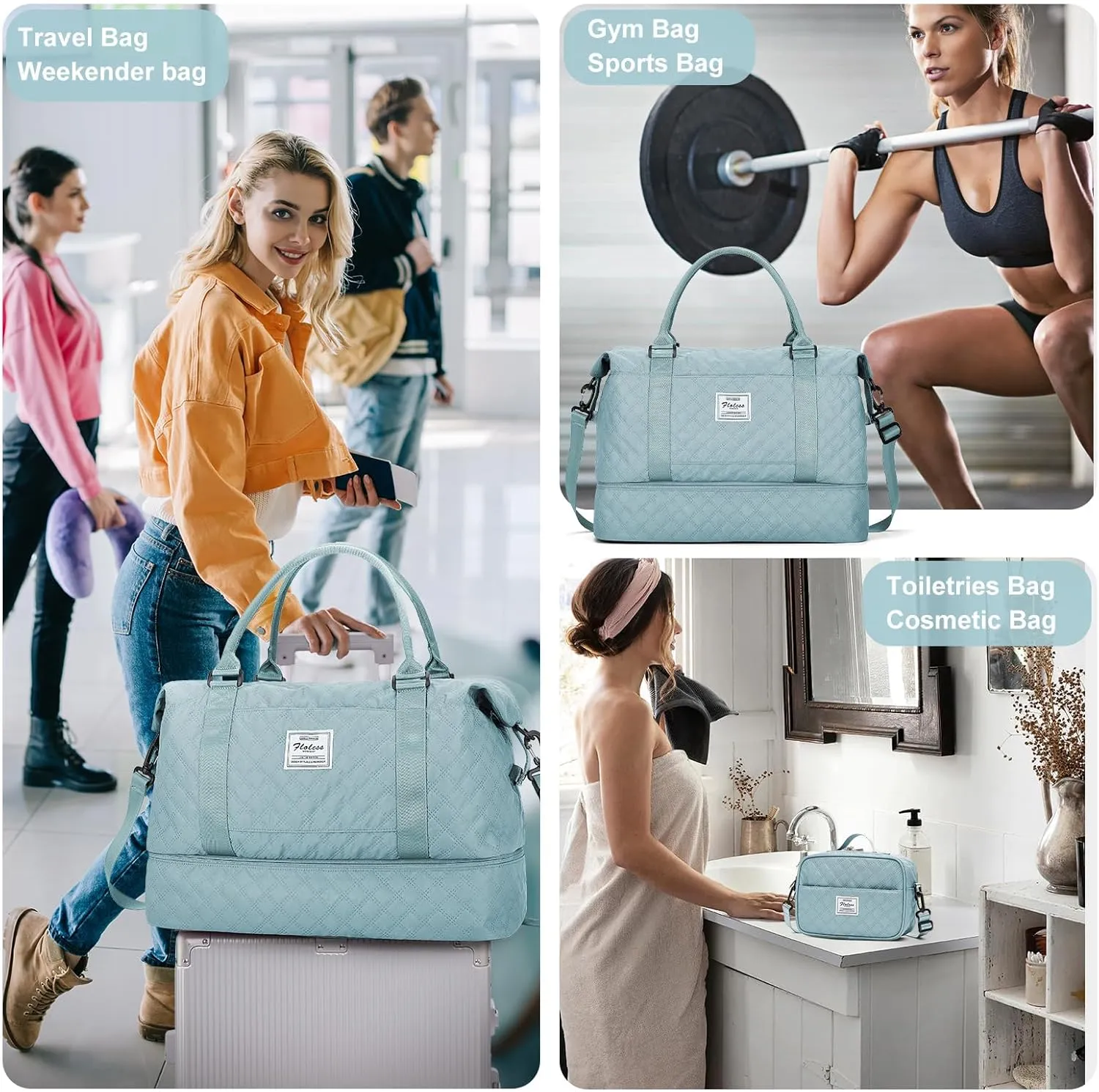 Travel Weekender Bag for Women, Carry On Overnight Bag with Shoes Compartment & Trolley Sleeve,Personal Item Bag, A-light Blue With Shoes Compartment, Set(travel Bag toiletry Bag)