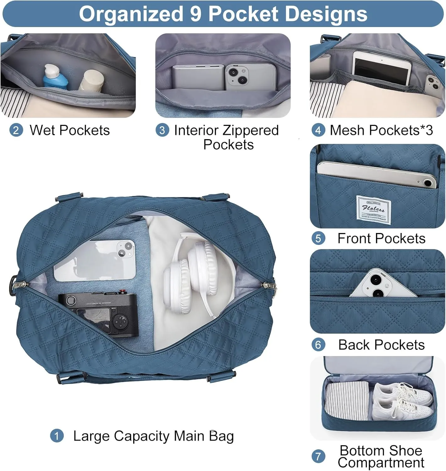 Travel Weekender Bag for Women, Carry On Overnight Bag with Shoes Compartment & Trolley Sleeve,Personal Item Bag, A-Teal Blue with Shoes Compartment, Set(travel Bag toiletry Bag)
