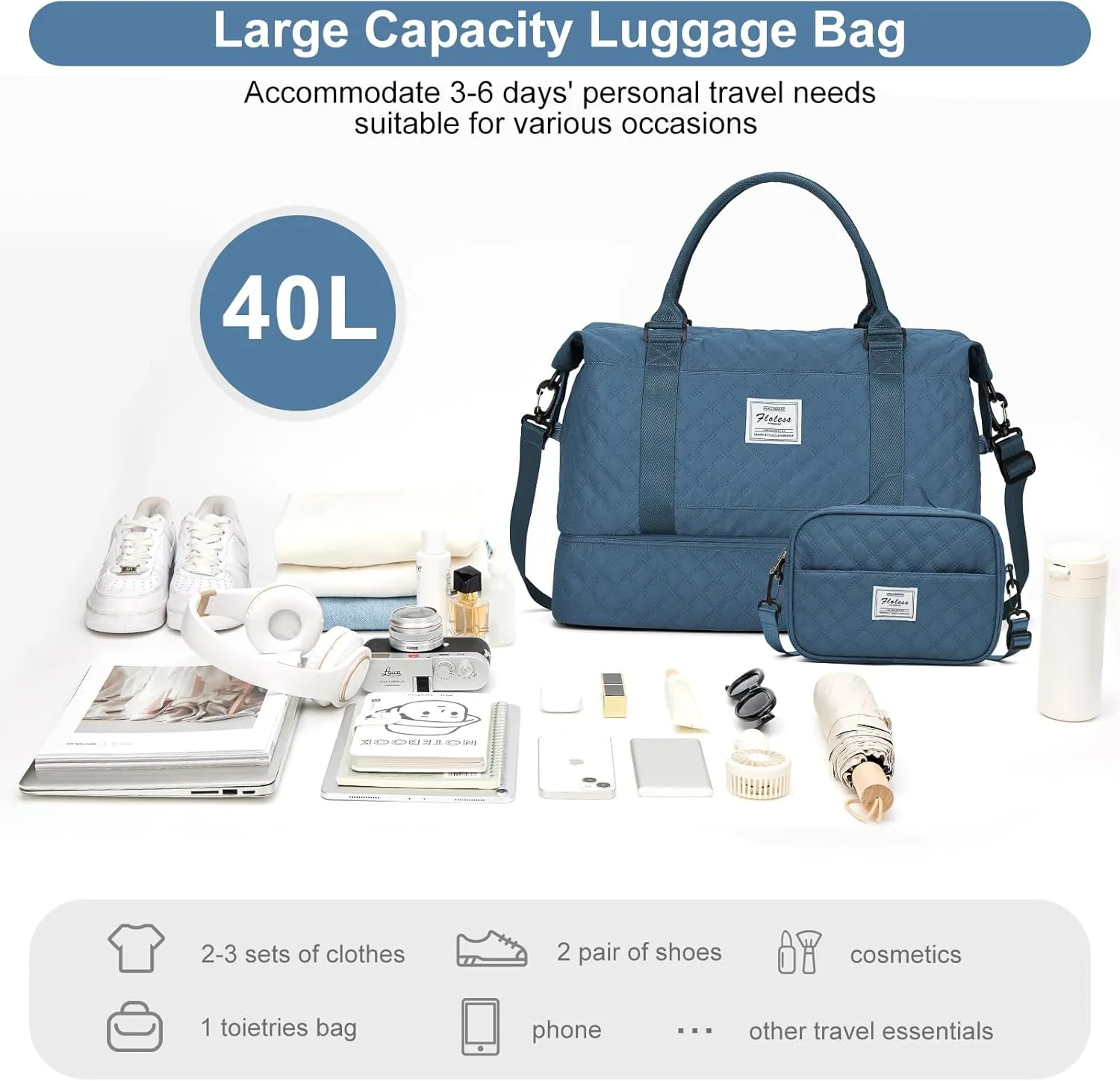 Travel Weekender Bag for Women, Carry On Overnight Bag with Shoes Compartment & Trolley Sleeve,Personal Item Bag, A-Teal Blue with Shoes Compartment, Set(travel Bag toiletry Bag)