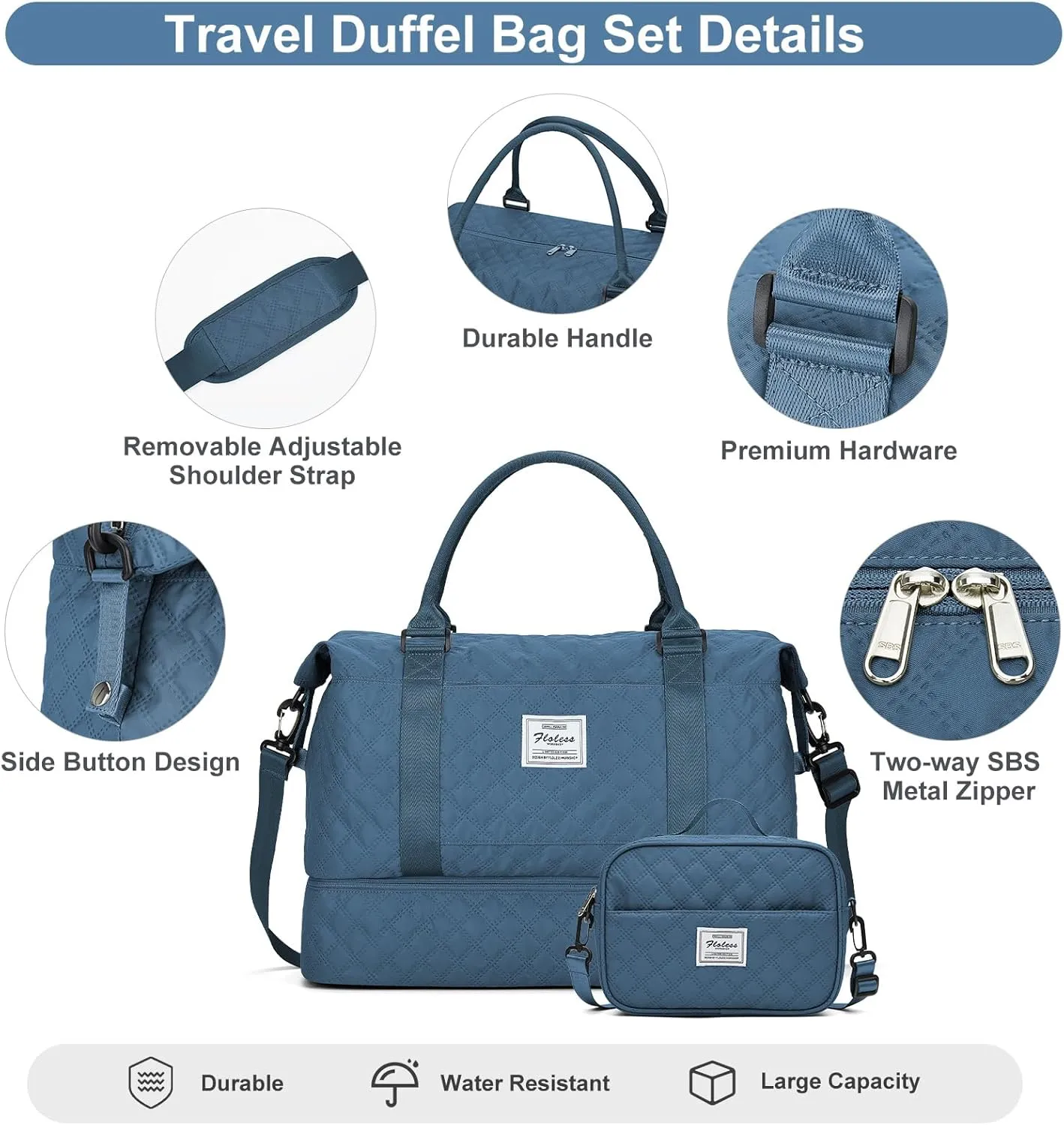 Travel Weekender Bag for Women, Carry On Overnight Bag with Shoes Compartment & Trolley Sleeve,Personal Item Bag, A-Teal Blue with Shoes Compartment, Set(travel Bag toiletry Bag)