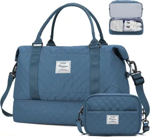 Travel Weekender Bag for Women, Carry On Overnight Bag with Shoes Compartment & Trolley Sleeve,Personal Item Bag, A-Teal Blue with Shoes Compartment, Set(travel Bag toiletry Bag)
