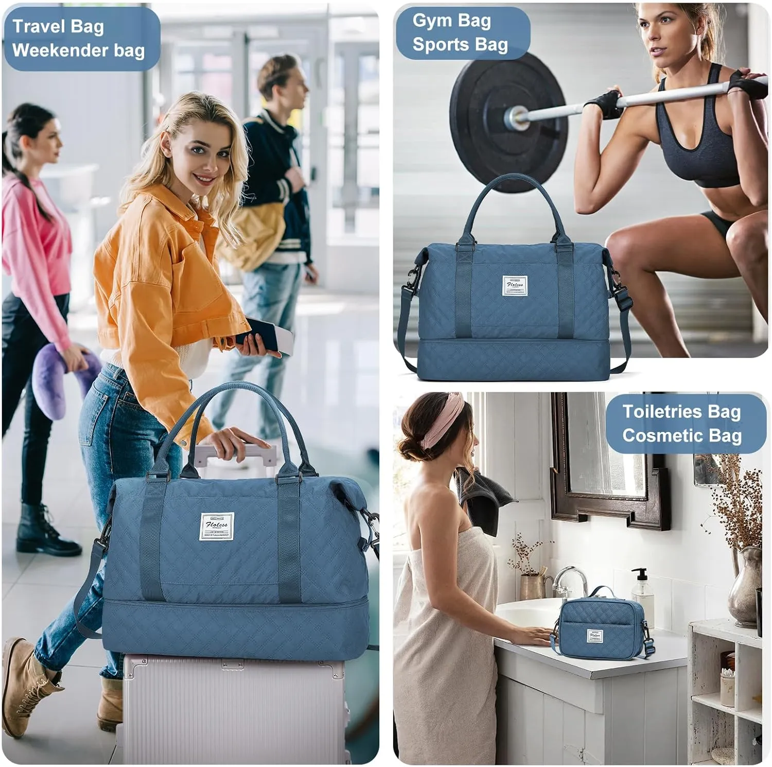Travel Weekender Bag for Women, Carry On Overnight Bag with Shoes Compartment & Trolley Sleeve,Personal Item Bag, A-Teal Blue with Shoes Compartment, Set(travel Bag toiletry Bag)