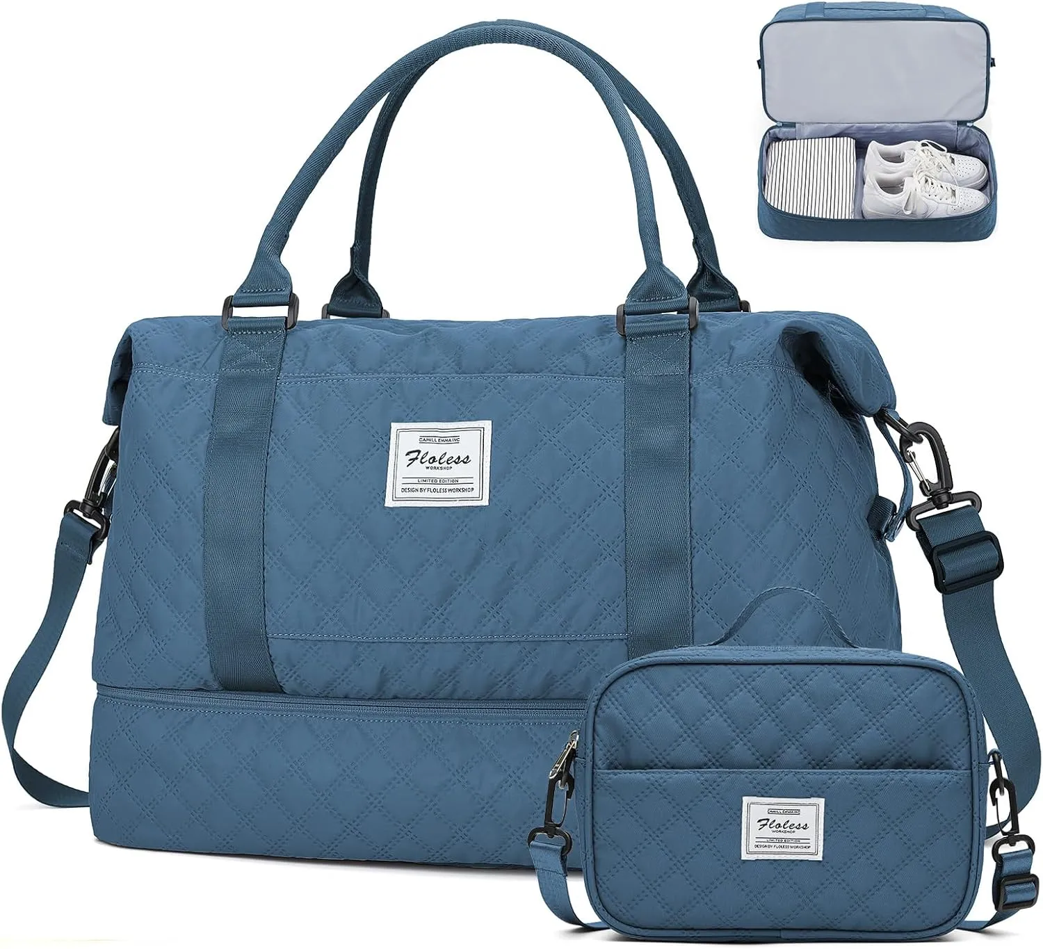 Travel Weekender Bag for Women, Carry On Overnight Bag with Shoes Compartment & Trolley Sleeve,Personal Item Bag, A-Teal Blue with Shoes Compartment, Set(travel Bag toiletry Bag)