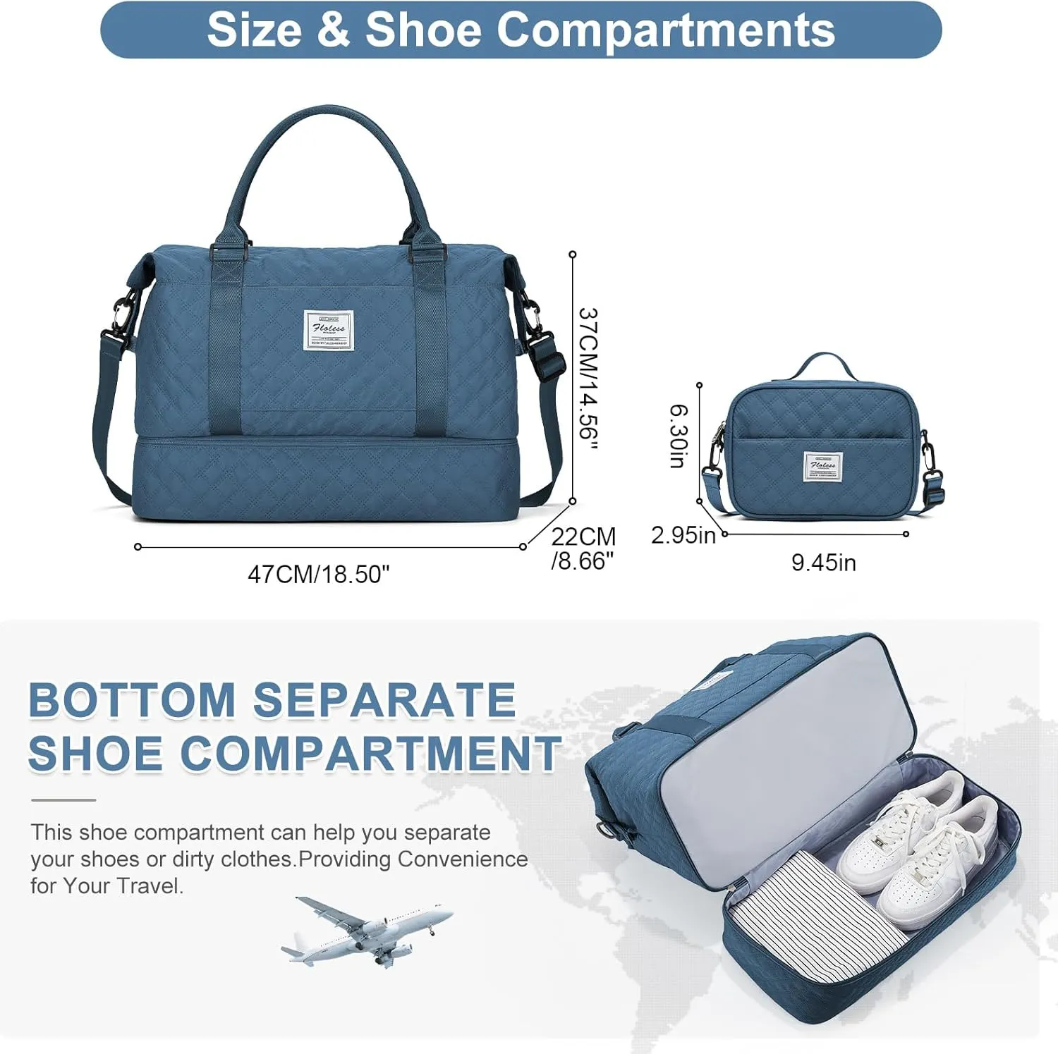 Travel Weekender Bag for Women, Carry On Overnight Bag with Shoes Compartment & Trolley Sleeve,Personal Item Bag, A-Teal Blue with Shoes Compartment, Set(travel Bag toiletry Bag)