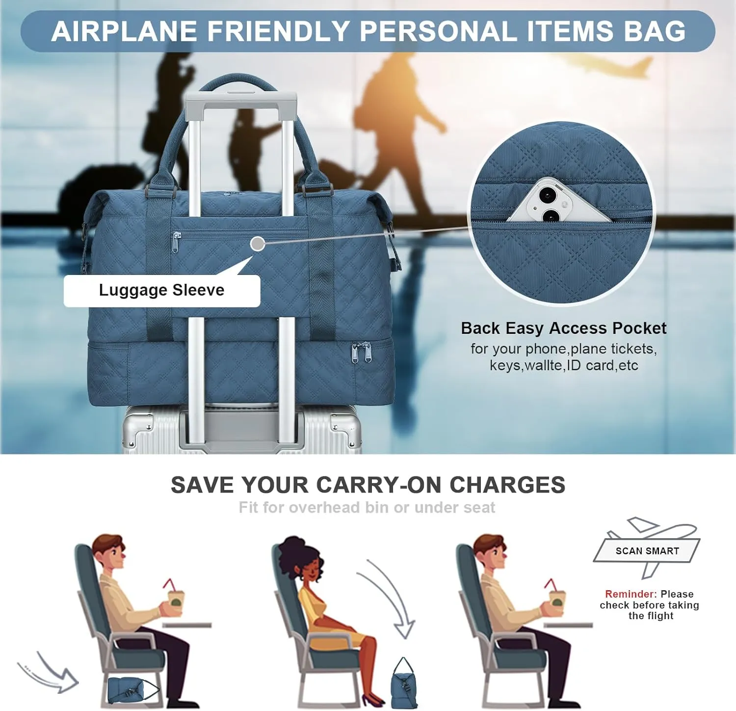 Travel Weekender Bag for Women, Carry On Overnight Bag with Shoes Compartment & Trolley Sleeve,Personal Item Bag, A-Teal Blue with Shoes Compartment, Set(travel Bag toiletry Bag)