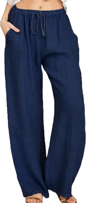 TYQQU Women Solid Color Drawstring Pant Elastic Waist Wide Leg Pants Straight Comfy Long Trousers