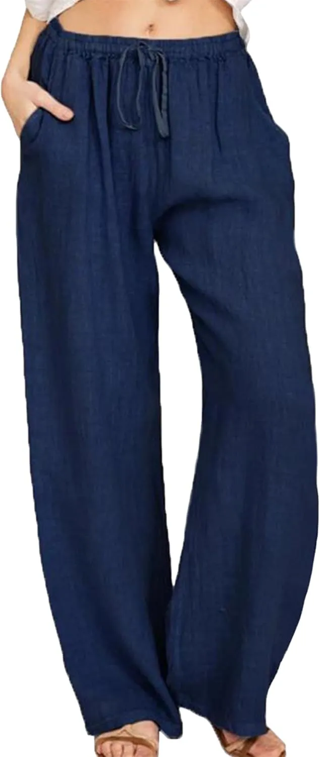 TYQQU Women Solid Color Drawstring Pant Elastic Waist Wide Leg Pants Straight Comfy Long Trousers