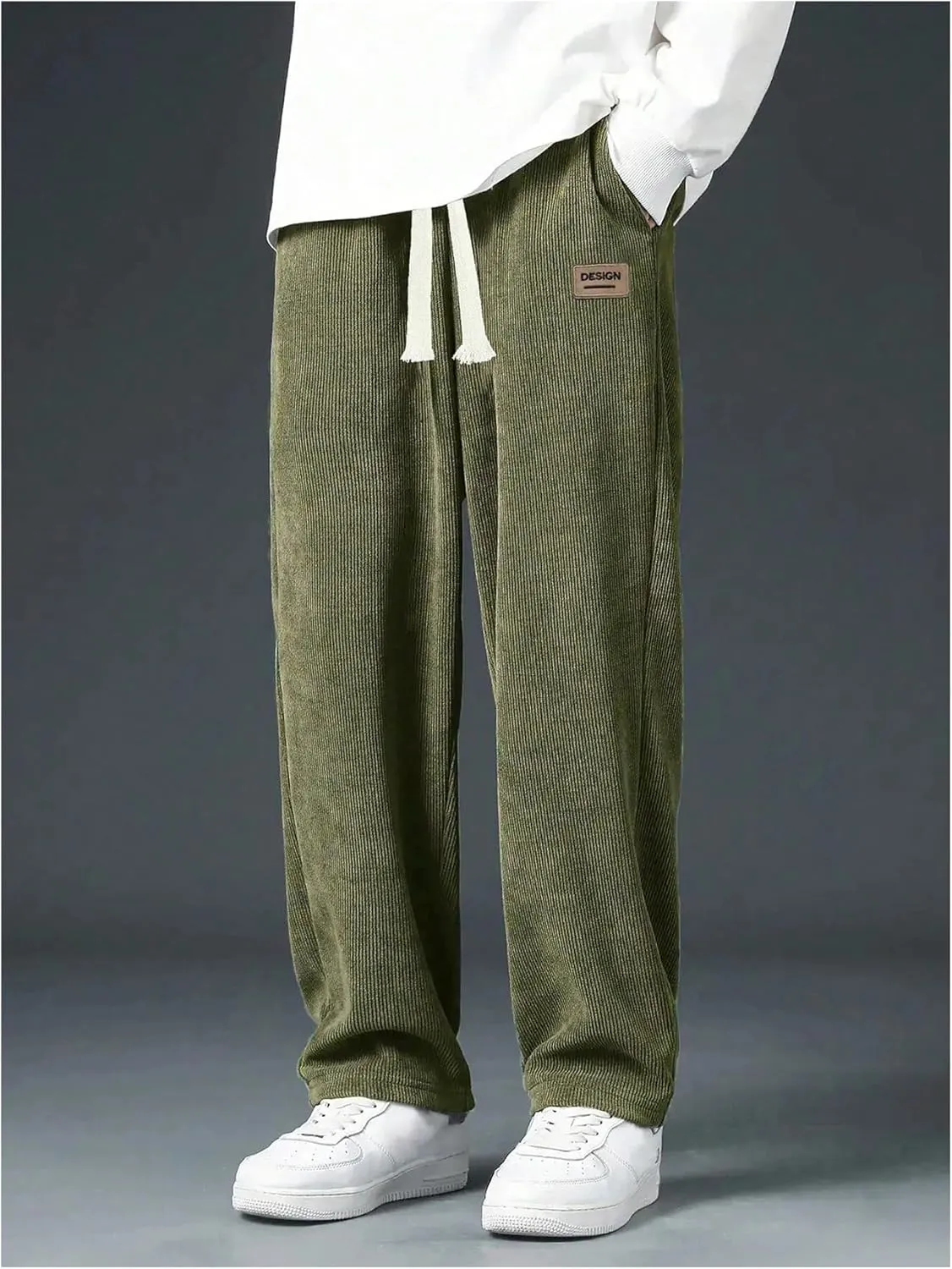 Verdusa Men's Casual Straight Leg Pants Drawstring Waist Loose Trousers with Pockets