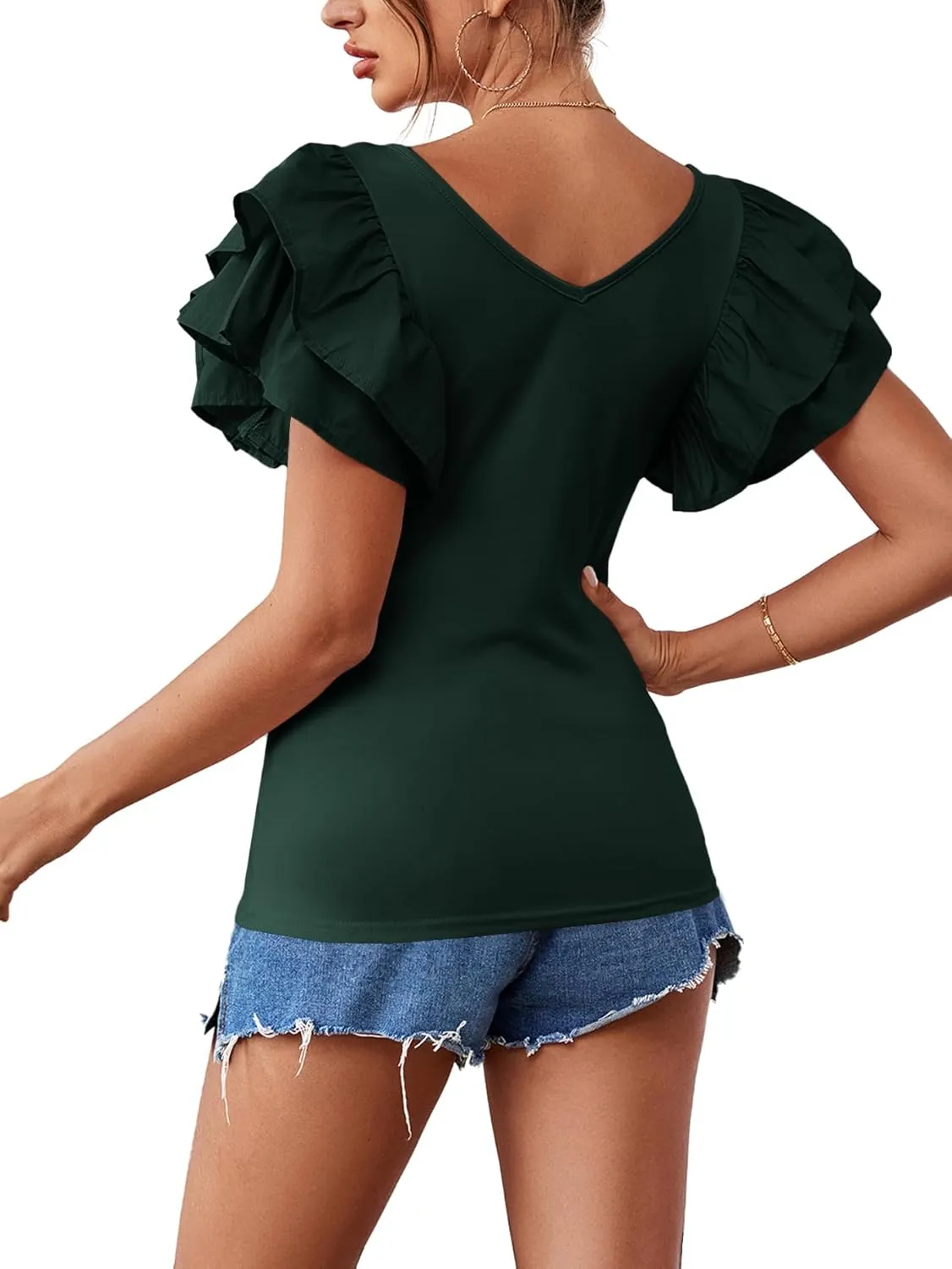 Vrtige Women's V Neck Ruffle Cap Sleeve Summer Blouse Top Shirt