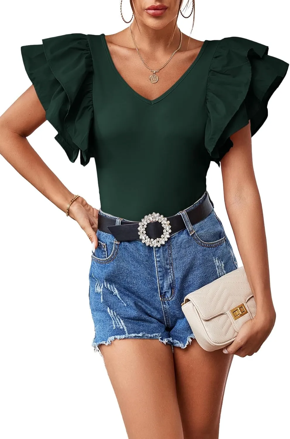 Vrtige Women's V Neck Ruffle Cap Sleeve Summer Blouse Top Shirt