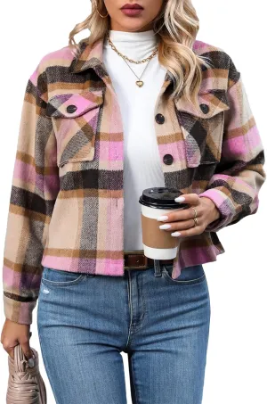Wanzetaly Womens Cropped Plaid Shacket Jacket Flannel Wool Blend Lapel Button Down Jackets