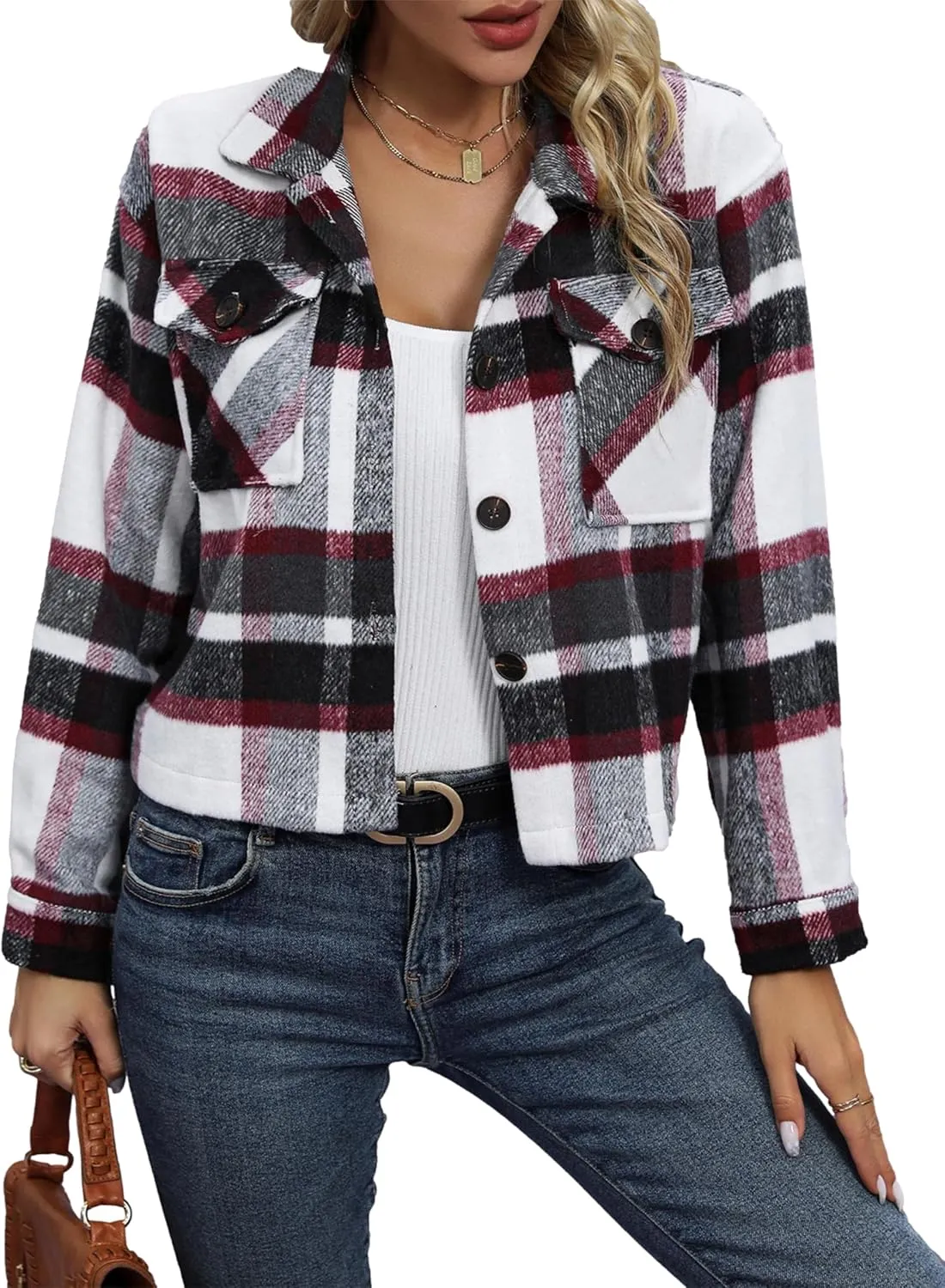 Wanzetaly Womens Cropped Plaid Shacket Jacket Flannel Wool Blend Lapel Button Down Jackets