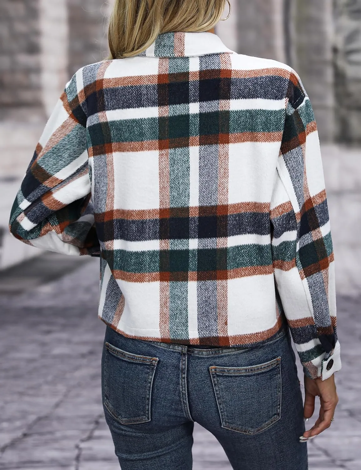 Wanzetaly Womens Cropped Plaid Shacket Jacket Flannel Wool Blend Lapel Button Down Jackets