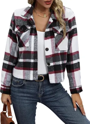 Wanzetaly Womens Cropped Plaid Shacket Jacket Flannel Wool Blend Lapel Button Down Jackets